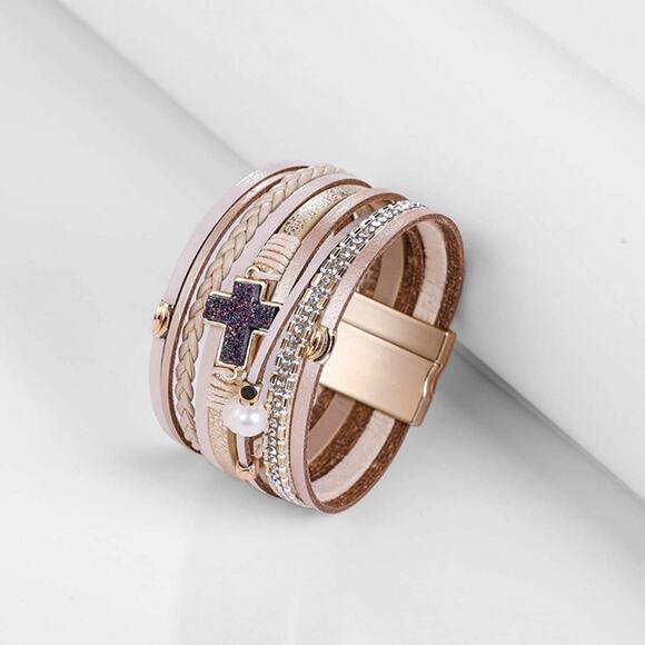 Cross Boho Multilayer Leather Wrap Cuff Bangle Bracelet - Picture 2 of 6